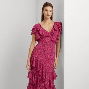 Ralph Lauren Geo-Print Ruffle-Trim Georgette Gown